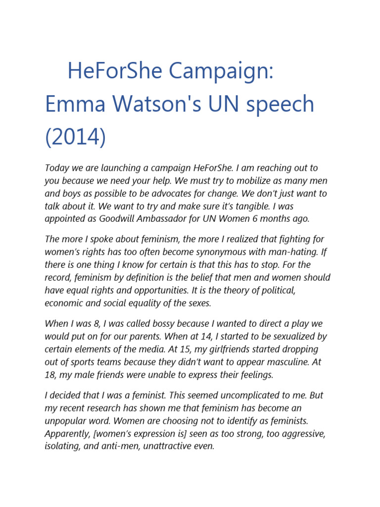 Emma Watson Un Feminism Speech Hello Emma Watson Un Feminism Speech Hello