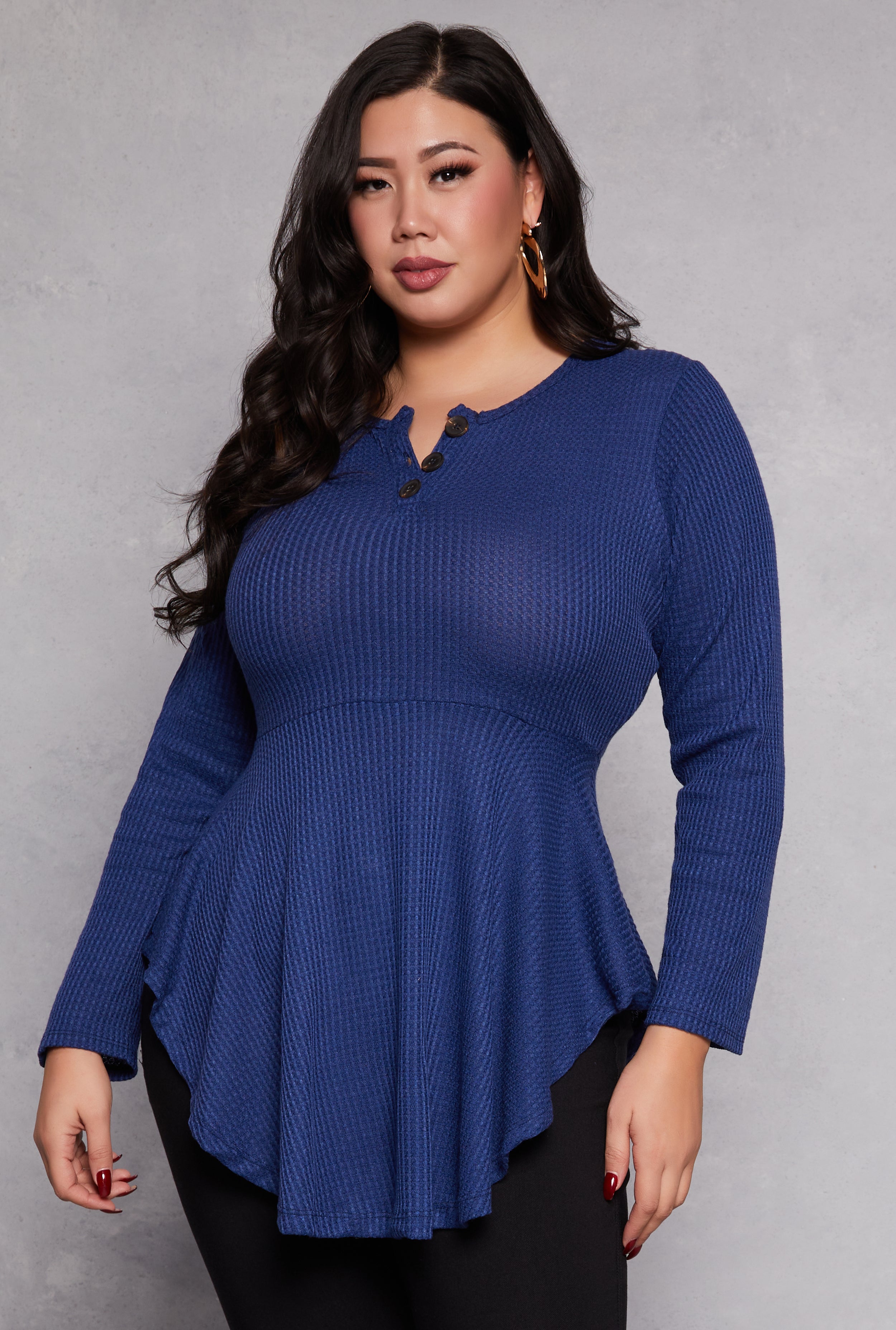 Plus Size Waffle Knit Henley Peplum Top Plus Size Waffle Knit Henley Peplum Top